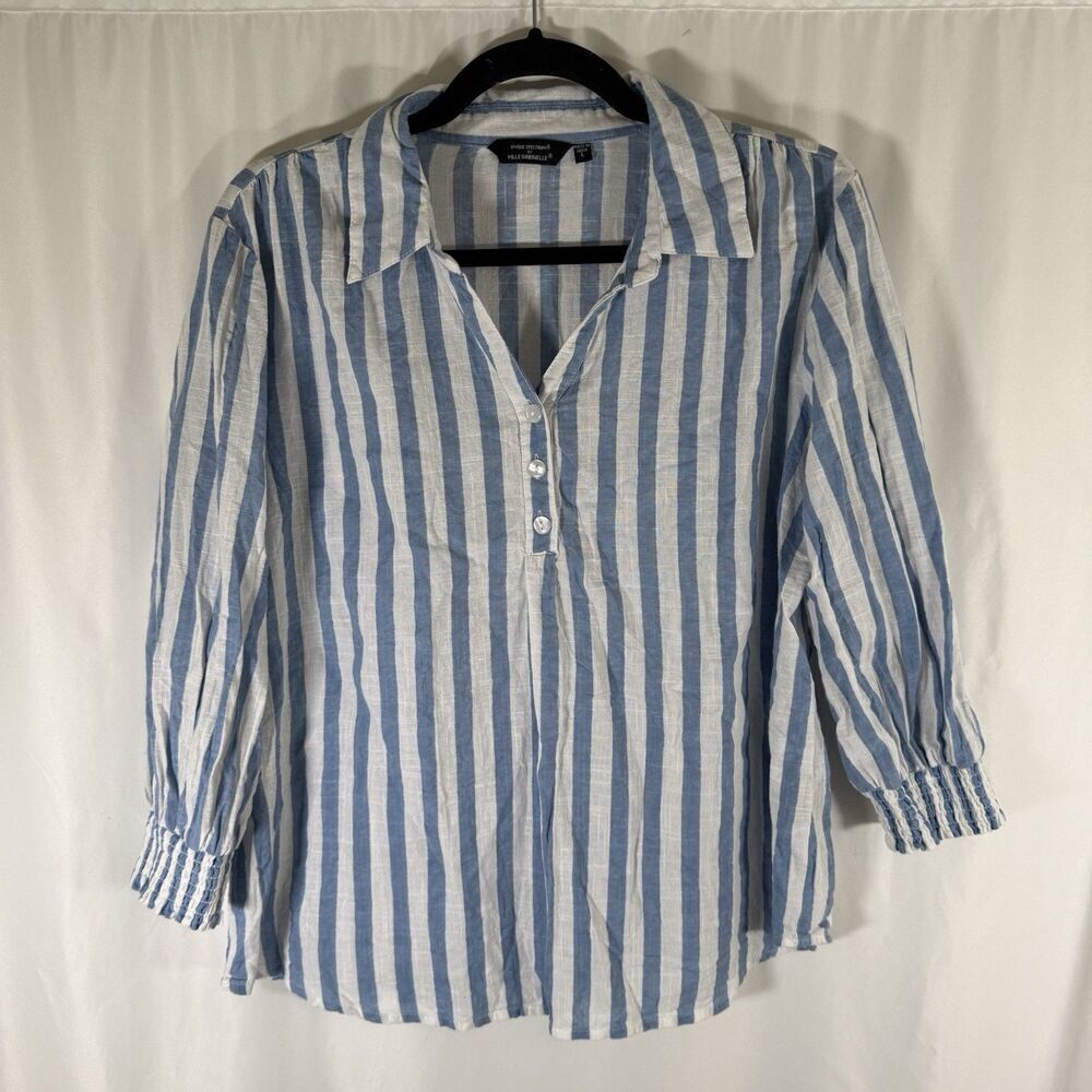 Unique Spectrum Blouse Women's Large Blue White Striped Collared Lightweight